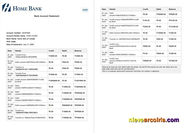 Canada Home bank of Canada account statement Word and PDF, 2 pages